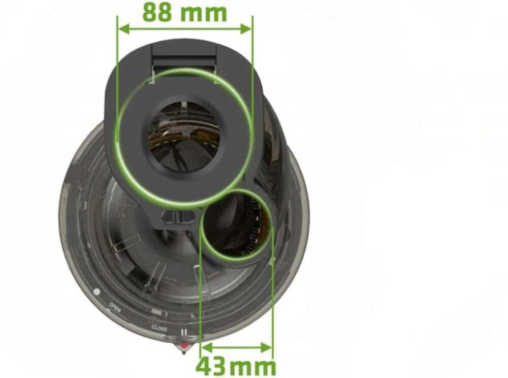 Wyciskarka wolnoobrotowa KUVINGS Revo 830 Czerwony  dwa zaznaczone otwory duży 88 mm mały 43 mm białe tło dwa otwory duży wlot 88 mm wrzucanie całych owoców jabłka pomarańcze skrócenie czasu przygotowywania soku mniejszy otwór 43 mm twarde włókniste warzywa marchew burak seler naciowy efektywnie wyciskany sok komfort użytkowania 