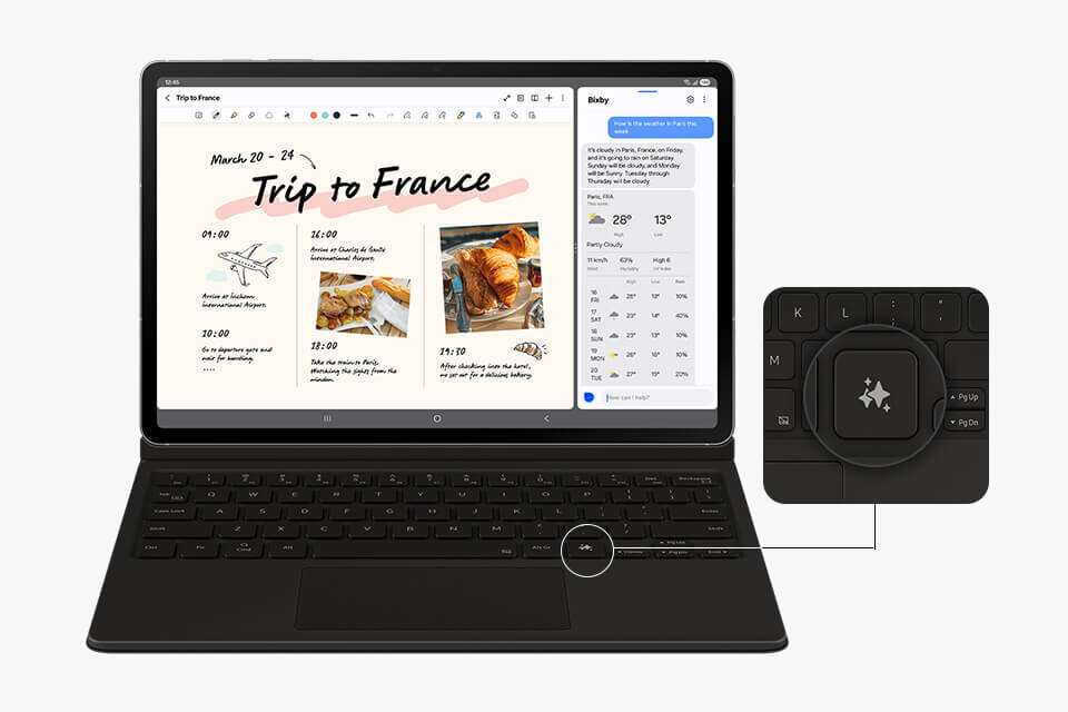 Urządzenie Galaxy Tab S10 FE z dołączonym etui Book Cover wyświetla na ekranie aplikację Notatki. Ekran jest podzielony, aby pokazać rozmowę z Bixby po jednej stronie. Zbliżenie podkreśla Galaxy AI Key na klawiaturze, pokazując jego lokalizację.