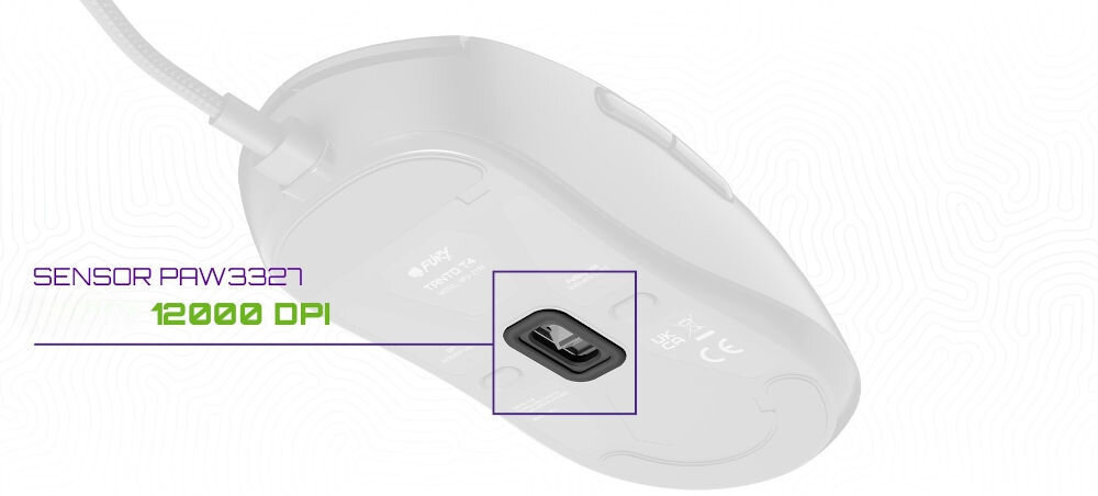 Mysz FURY Tanto T4 Biały
					precyzja, która robi różnicę, Sensor PAW3327, regulacja DPI od 200 do 12000, możliwość zmiany DPI za pomocą dedykowanego przycisku, 
					mysz od dołu na białym tle, zaznaczony sensor, napis SENSOR PAW3327 12000 DPI