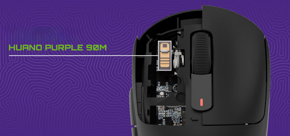 Mysz FURY Tanto T4 Wireless Miętowy
					trwałe przełączniki Huano Purple 90M, żywotność do 90 mln kliknięć, enkoder kółka TTC White, fioletowe tło, wnętrze myszy, przełącznik, napis HUANO PURPLE 90M