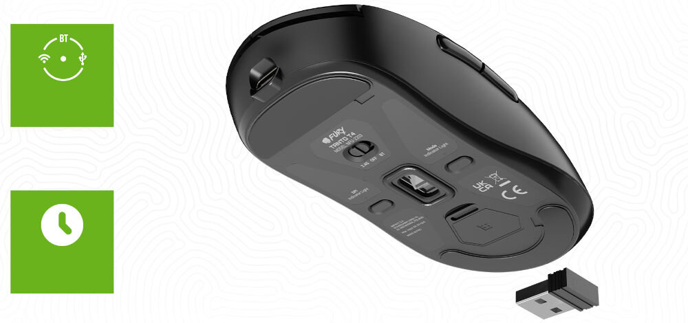 Mysz FURY Tanto T4 Wireless Miętowy
					trzy opcje łączności, bezprzewodowe połączenie 2,4 GHz, Bluetooth 5.0, przewodowe za pomocą dołączonego kabla USB-A / USB-C o długości ok. 1,8 m,
					wbudowany akumulator 600 mAh, do 80 godzin pracy na jednym ładowaniu, mysz od spodu na białym tle, adapter 2,4 GHz USB-A
					