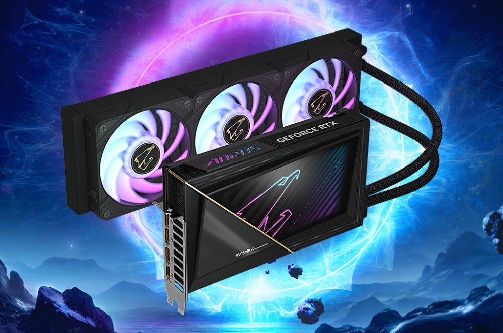 Karta graficzna GIGABYTE Aorus GeForce RTX 5090 Xtreme Waterforce 32GB Karta graficzna z chłodzeniem wodnym – radiator z trzema wentylatorami RGB, elastyczne przewody cieczy i wyświetlacz OLED, na tle lodowej scenerii