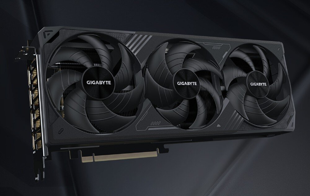 Karta graficzna GIGABYTE GeForce RTX 5070 Ti WINDFORCE OC SFF 16GB DLSS 4 Karta graficzna Gigabyte GeForce RTX 5070 Ti WINDFORCE OC SFF 16GB w ujęciu na czarnym tle