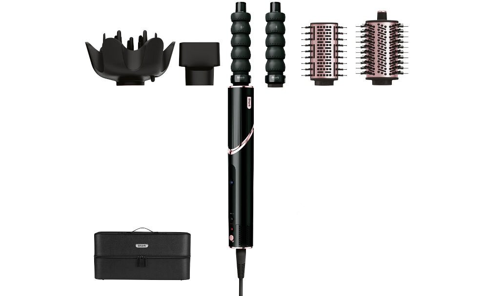 Suszarko-lokówka SHARK HD426EU Flexstyle Czarny 32 mm 1400 W koncentrator szczotka owalna szczotka prostująca 2 automatyczne nasadki do loków dyfuzor etui przewodnik po fryzurach dokumentacja białe tło
