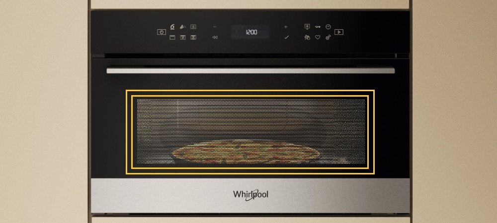 KUCHNIA MIKROFALOWA WHIRLPOOL WMD7O4TX lifestyle front zamknięta panel funkcje oświetlone wnętrze potrawa w środku logo Funkcje JetStart i Jet Menu błyskawiczne nagrzewanie pełna moc automatyczne dobieranie ustawień
