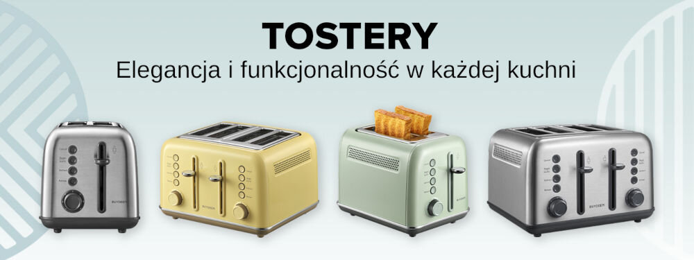 Toster BUYDEEM DT640E Żółty Chrupiące tosty każdego dnia zielone tło różne tostery srebrny żółty miętowy pokrętła przyciski dźwignie