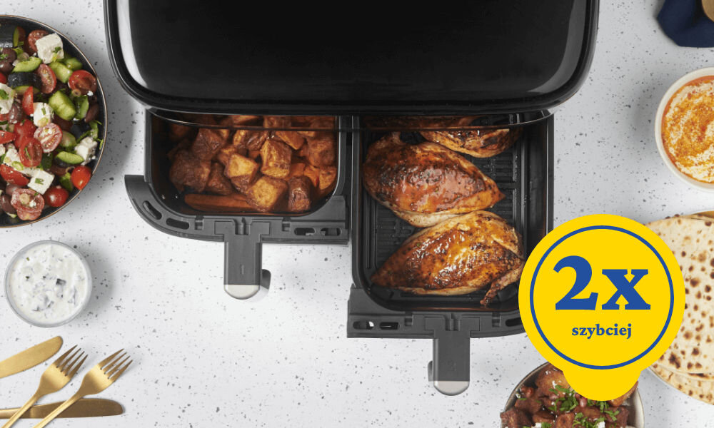 Air Fryer Frytkownica beztłuszczowa RUSSELL HOBBS SatisFry DualBaske 27680-56 czarna frytkownica dwa kosze wewnątrz potrawy przygotowanie pełnowartościowego obiadu w zaledwie 20 minut dwa razy szybciej intuicyjna obsługa optymalne rezultaty szybkość smak zdrowie 