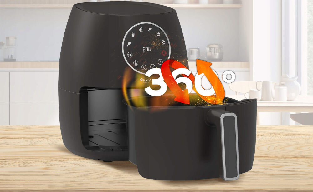Air Fryer Frytkownica beztłuszczowa TURBOTRONIC TT-AF210 Turkusowy frytkownica czarna obudowa otwarty kosz frytkownica stoi na blacie okrągły panel sterowania  (31 x 26.3 x 35.5 cm) potrawy bez zbędnego tłuszczu technologia Rapid Air 360 stopni równomierne rozprowadzenie ciepła chrupkość optymalny smak potraw zdrowsze mniej kaloryczne dania zdrowy styl życia 