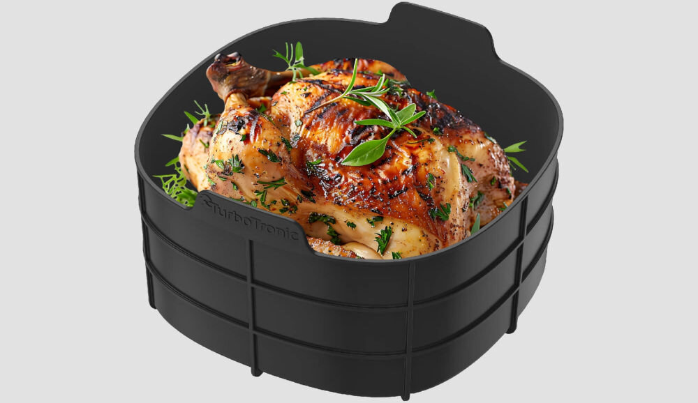 Air Fryer Frytkownica beztłuszczowa TURBOTRONIC TT-AF210 Turkusowy kosz wewnątrz potrawa kurczak jasne tło Kosz o pojemności 3,5 litra posiłek dla całej rodziny duża pojemność kosza większe ilości jedzenia na raz oszczędność czasu i energii szybsze wygodniejsze przygotowywanie pełnowartościowych posiłków 