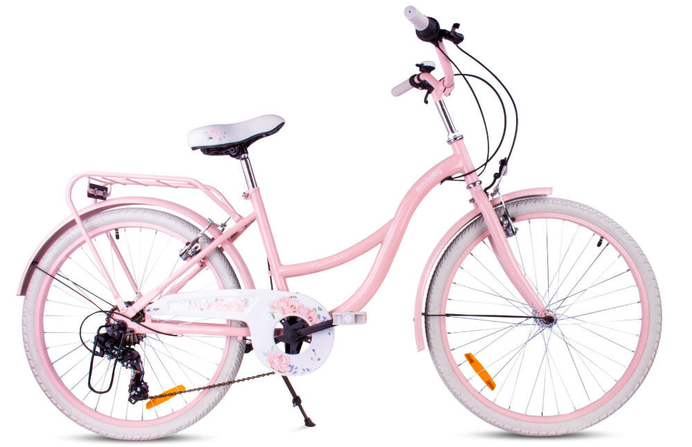 Rower młodzieżowy SUN BABY Flower Bike 24 cale dla dziewczynki Różowy rower widoczny z boku zdjęcie na białym tle 7 biegów obrotowa manetka Revoshift tylna przerzutka SHIMANO Tourney przerzutki SHIMANO duża wytrzymałość sprawne działanie płynna bezproblemowa zmiana biegów