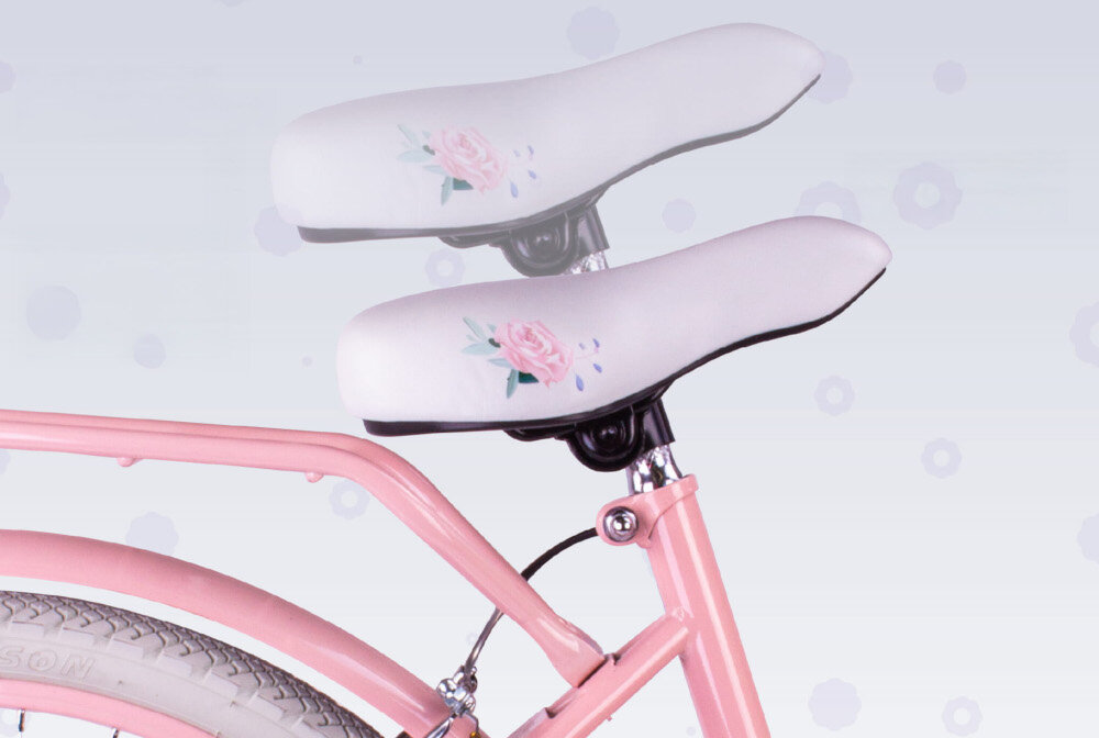 Rower młodzieżowy SUN BABY Flower Bike 24 cale dla dziewczynki Różowy zbliżenie na siodełko wyszarzona możliwość regulacji zdjęcie na jasnym tle bezpieczna satysfakcjonująca aktywność wygodne siodełko regulacja w zakresie od 71 do 87 cm