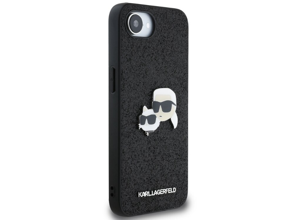 Etui Karl Lagerfeld Fixed Glitter brokatowym wykończeniem metalowym emblematem niemieckiego projektanta i jego kotki Choupette połysk i detale