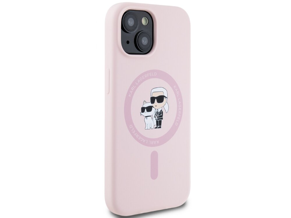Etui Karl Lagerfeld Silicone Karl&Choupette MagSafe graficznym motywem niemieckiego projektanta i jego kotki Choupette Matowa silikonowa powierzchnia wewnętrzna wyściółka z mikrofibry