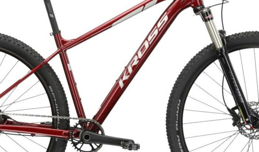 Rower górski MTB KROSS Level 6.0 M20 29 cali męski Rubinowo-srebrny zbliżenie na ramę 20-calowa aluminiowa ramę rower zwinny lekki łatwo go podnieść odporność na korozję wybór rozmiaru ramy Twój wzrost mierzony w zrelaksowanej pozycji typ roweru dla osób o wzroście od 195 do 205 cm