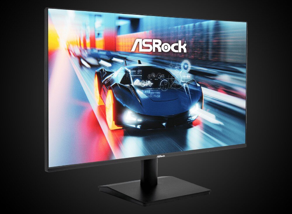 Monitor ASROCK CL27FFA Obraz monitora z wyświetloną dynamiczną grafiką samochodu sportowego w ruchu, na ekranie widoczne logo ASRock, opis