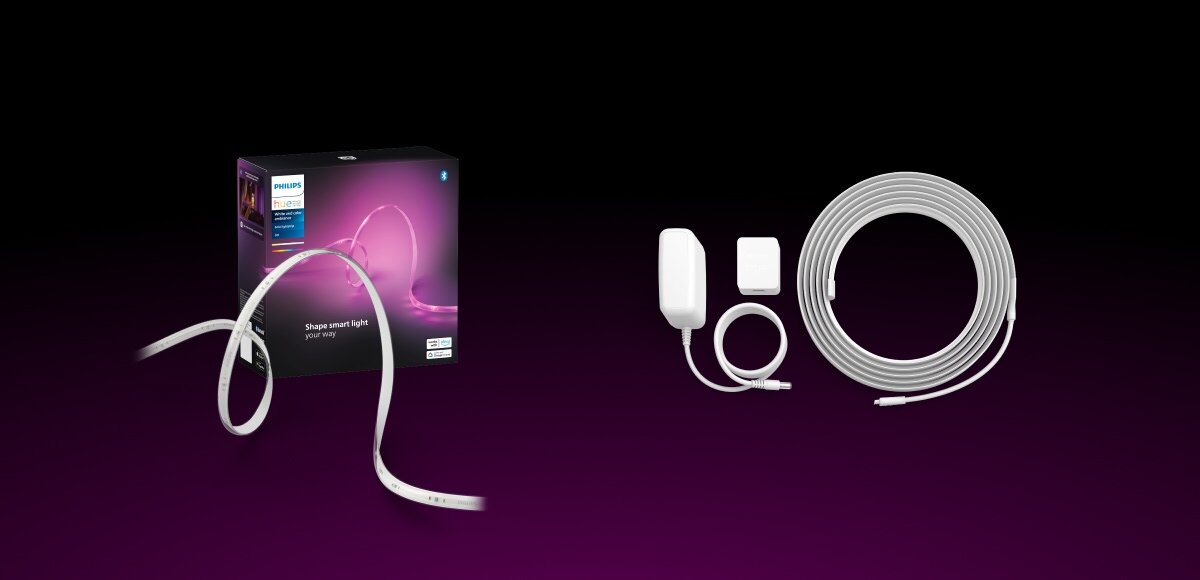 Taśma LED PHILIPS HUE 929003816902 3 m Bluetooth, zestaw, opakowanie, taśma, LED, zasilacz, na czarno purpurowym tle zestaw opakowania taśmy led