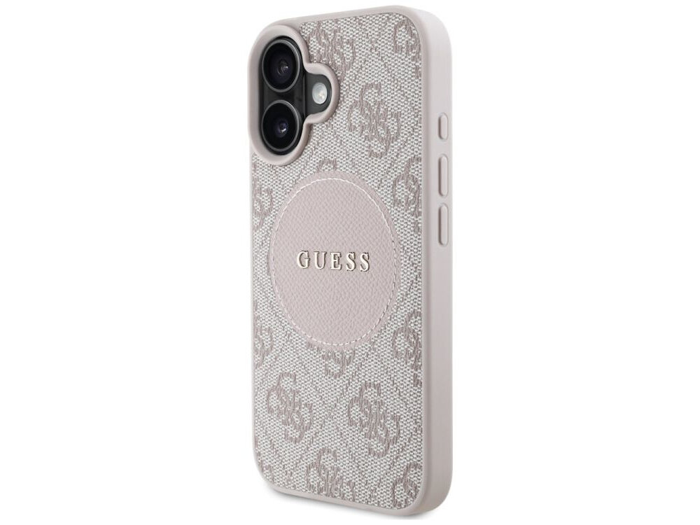 Etui GUESS 4G Circle Classic Logo MagSafe do Apple iPhone 16 Różowy etui na białym tle podniesione krawędzie elastyczne boki ochrona na uszkodzenia upadki