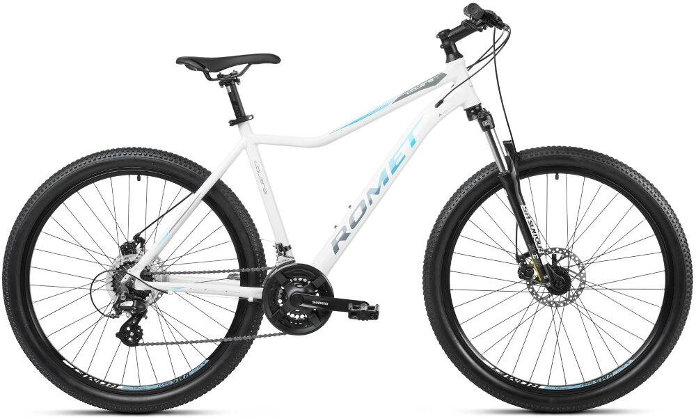 Rower górski MTB ROMET Jolene 7.1 D19 27.5 cala damski Biały rower na tle gór nieba środek codziennego transportu relaks pasja uniwersalność