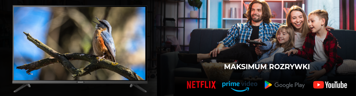 Telewizor AIWA 43GO70804UHD - Funkcje ułatwiające życie, telewzior od frontu na czarnym tle