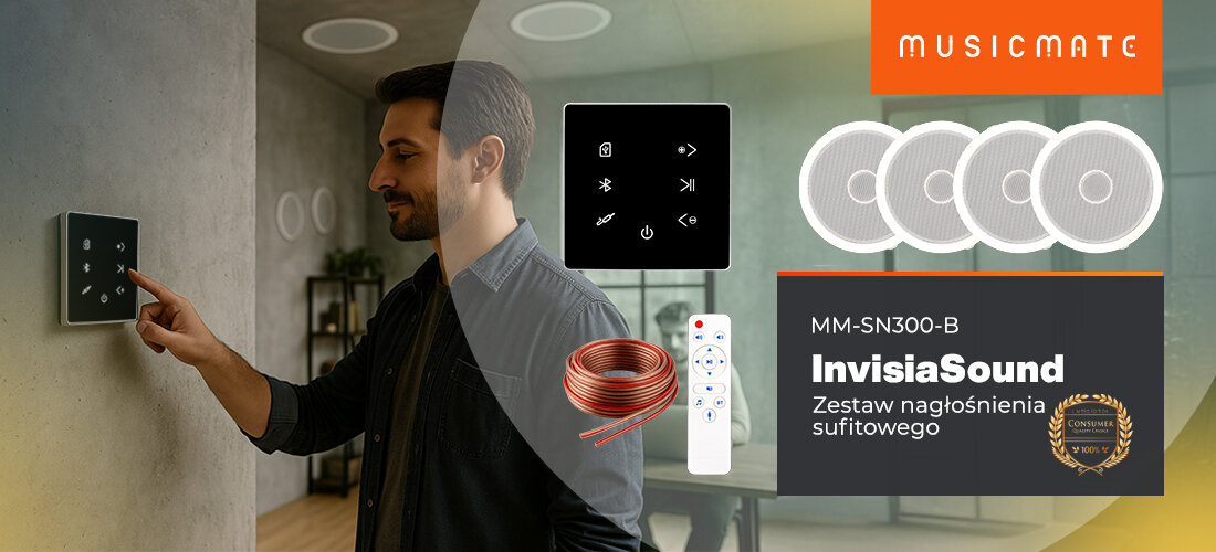 Zestaw sufitowy MUSICMATE MM-SN300-B nagłośnienie 160W panel dotykowy Bluetooth, osoba klikająca w panel dotykowy urządzenia