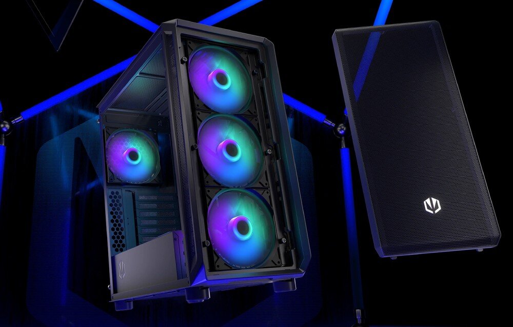 Komputer MAD DOG ENDORFY500ARGB-I16DR32 Obudowa komputera z zamontowanymi wentylatorami RGB. Całość utrzymana w ciemnej kolorystyce na tle z niebieskimi akcentami świetlnymi, przeznaczenie, podzespoły, testy