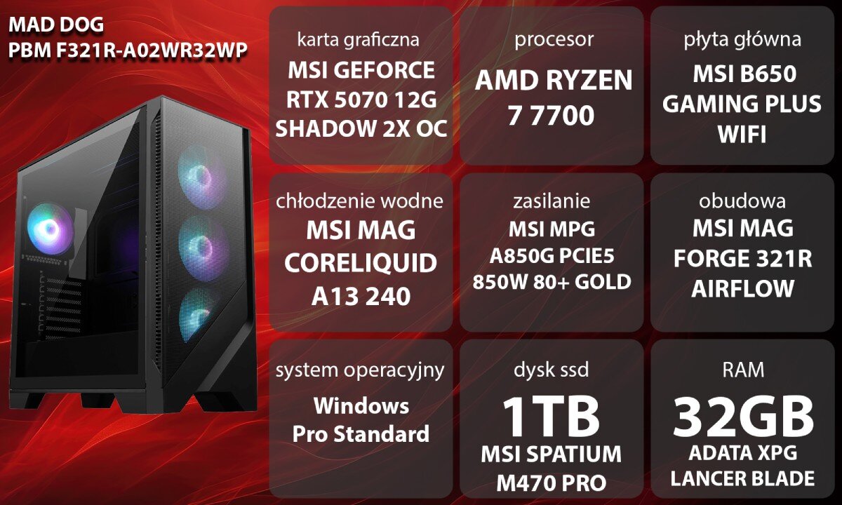 Komputer MAD DOG Powered by MSI F321R-A02WR32WP Grafika przedstawiająca specyfikację komputera, z podziałem na podzespoły. W lewej części znajduje się model komputera, a obok niego informacje o podzespołach, opis