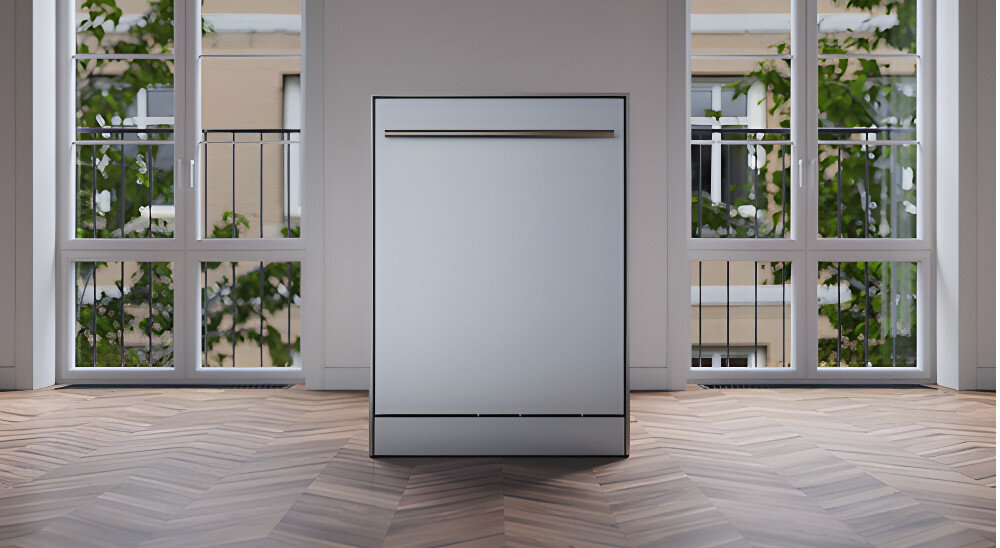 ZMYWARKA ASKO DFI544H/1 lifestyle front zmywarka zamknięta drewniana podłoga model poglądowy kolor srebrny ochrona zalanie wyciek woda odcięcie dopływu wody bezpieczeństwo Aqua Safe system zabezpieczeń czujnik podstawa wodoodporna szczelność alarm dźwiękowy świetlny zawór