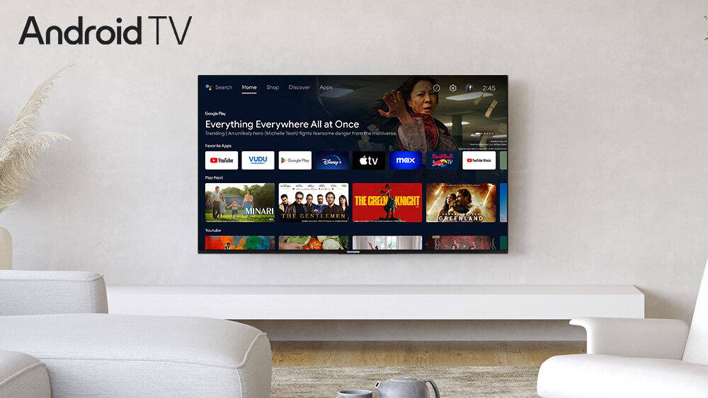 Telewizor TELEFUNKEN TFL-55AEU2000 - Oglądaj, co chcesz, z Android TV, platformy streamingowe, telewizor zawieszony na ścianie w salonie