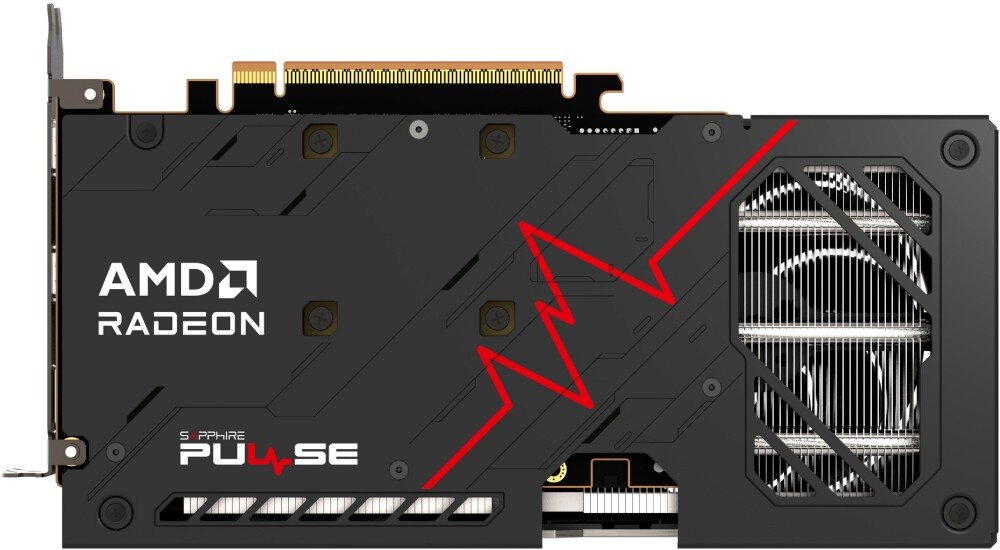 Karta graficzna SAPPHIRE Radeon RX 9060 XT OC 16GB Widok tylnej części karty graficznej z metalowym backplate’em z nadrukami 'AMD Radeon' i 'Sapphire Pulse', z motywem czerwonej linii EKG, parametry, pamięć, interfejs, współpraca z procesorem