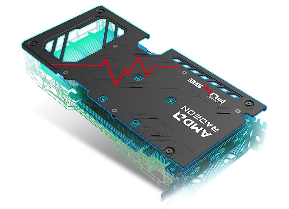 Karta graficzna SAPPHIRE Radeon RX 9060 XT OC 16GB Render tylnej części karty graficznej z przezroczystą warstwą pokazującą strukturę wewnętrzną oraz widocznym backplate’em z motywem linii pulsu, konstrukcja, aluminiowy backplate, obudowa, bezpieczniki