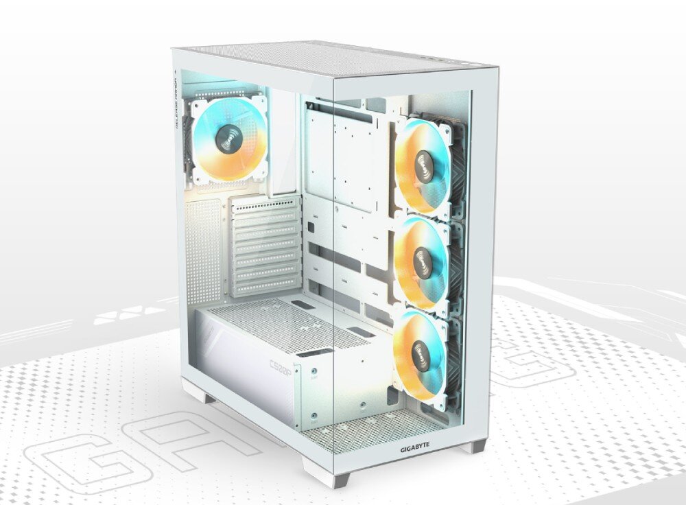 Komputer MAD DOG Powered by Gigabyte C500-ICE-A01WR32WH Pusta biała obudowa komputera z przezroczystym bokiem. W środku widoczne są zamontowane wentylatory RGB i miejsce na podzespoły. Na froncie widoczna perforacja wentylacyjna, obudowa, chłodzenie, wentylacja, podświetlenie, filtry