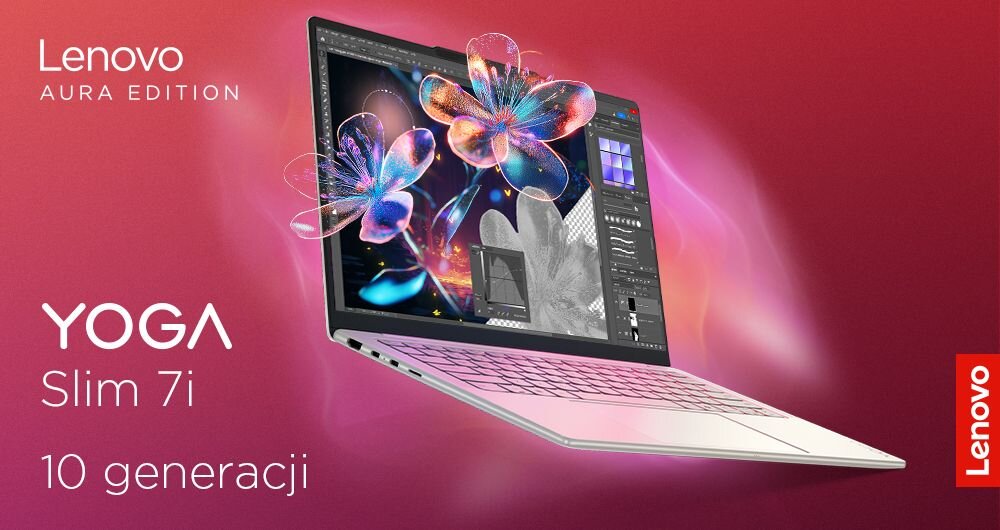 Laptop Lenovo Yoga Slim 7 Aura Edition z ekranem dotykowym, z którego wyłaniają się kolorowe, futurystyczne kwiaty, prezentujący aplikację graficzną Adobe Photoshop, nowoczesny design dla kreatywnych profesjonalistów. 