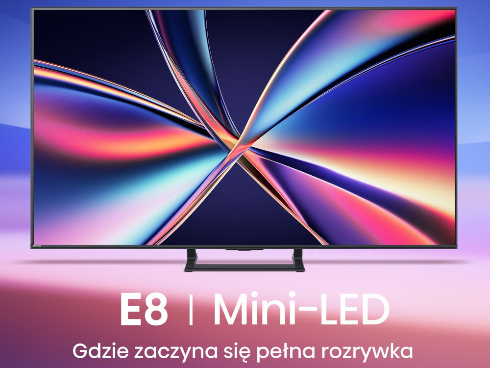 Telewizor HISENSE 50E8Q - Obraz i dźwięk na poziomie, telewizor od forntu na kolorowym tle