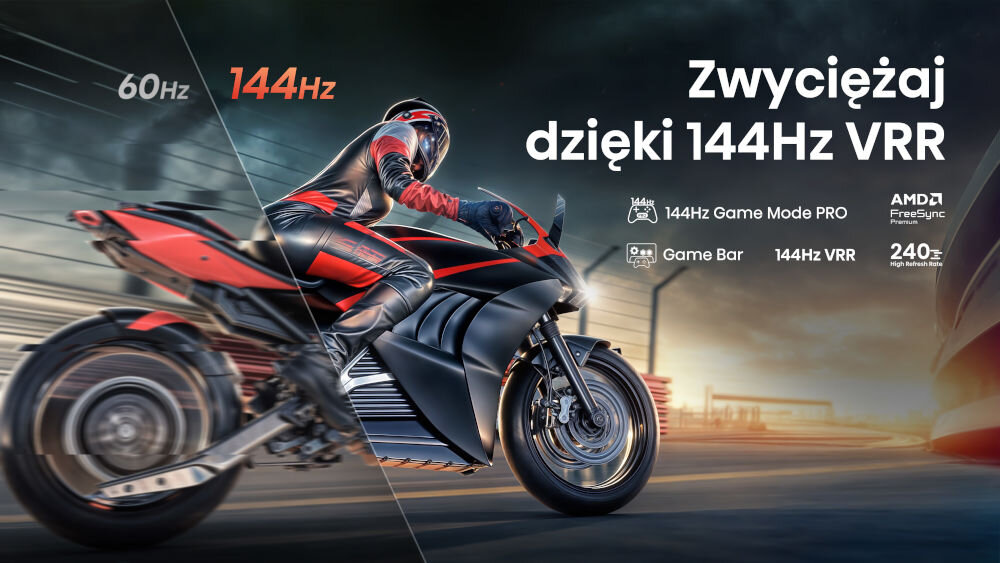 Telewizor HISENSE 55E8Q - Tryb gry PRO, 144Hz VRR, motocyklista jadący na motorze
