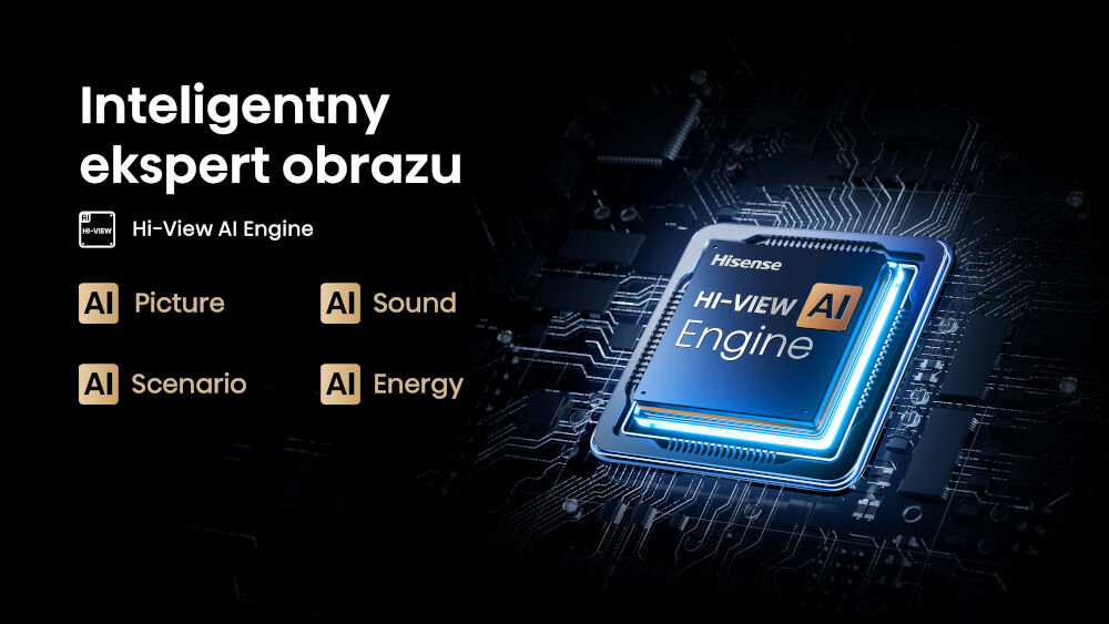 Telewizor HISENSE 55E8Q - Obraz wspierany przez AI, Hi-View AI, AI Upscaling, podświetlony procesor na czarnym tle