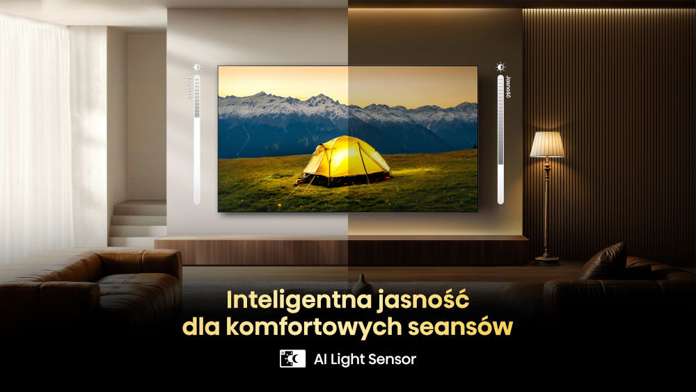 Telewizor HISENSE 55E8Q - Dopasowana jasność ekranu, AI Light Sensor, telewizor zawieszony na ścianie nad komodą w salonie