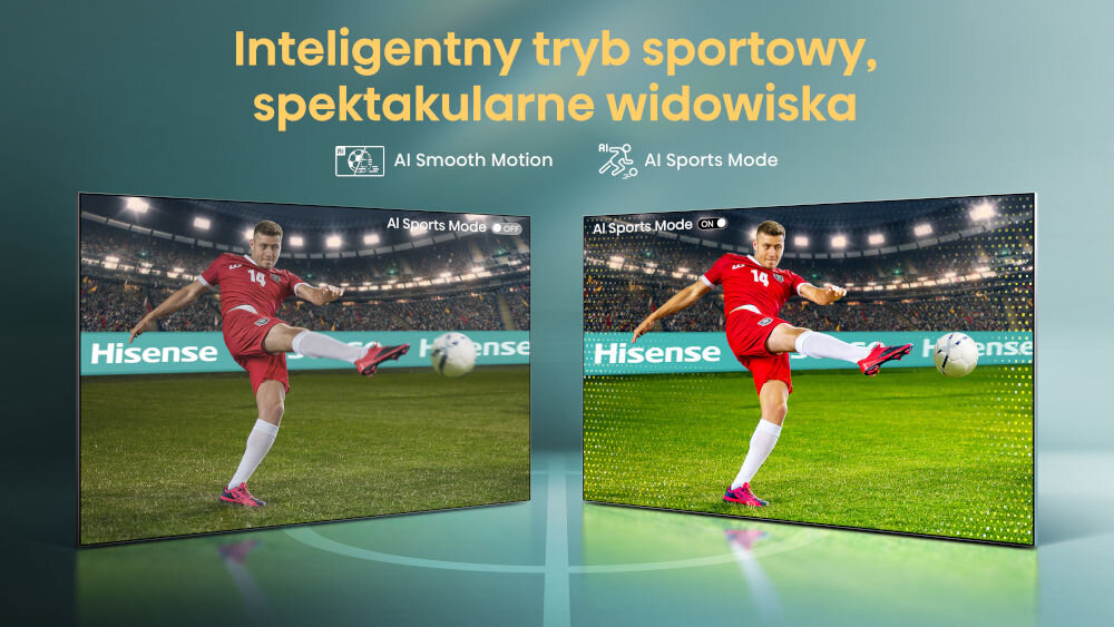 Telewizor HISENSE 55E8Q - Tryb sportowy 4K, AI Sports Mode, telewizor pod skosem, piłkarz grający w piłkę na stadionie