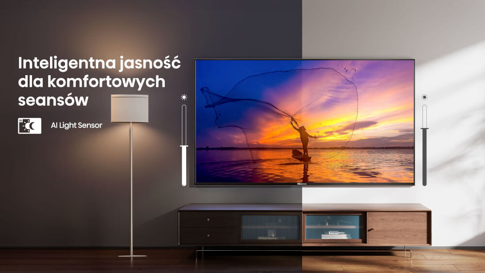 Telewizor HISENSE 50A6Q - Komfort przy każdym świetle, AI Light Sensor, teleweizor zawieszony na ścianie nad komodą, dzień i noc