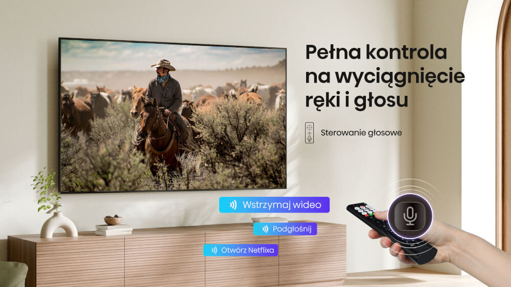 Telewizor HISENSE 50A6Q - Sterowanie głosem, Voice Control, komendy głosowe, telewizor zawieszony na ścianie w salonie, ręka trzymająca pilota