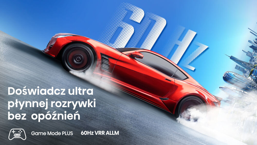 Telewizor HISENSE 50A7Q - Granie bez opóźnień, Game Mode PLUS, VRR, ALLM, samochód sportowy jadący po drodze