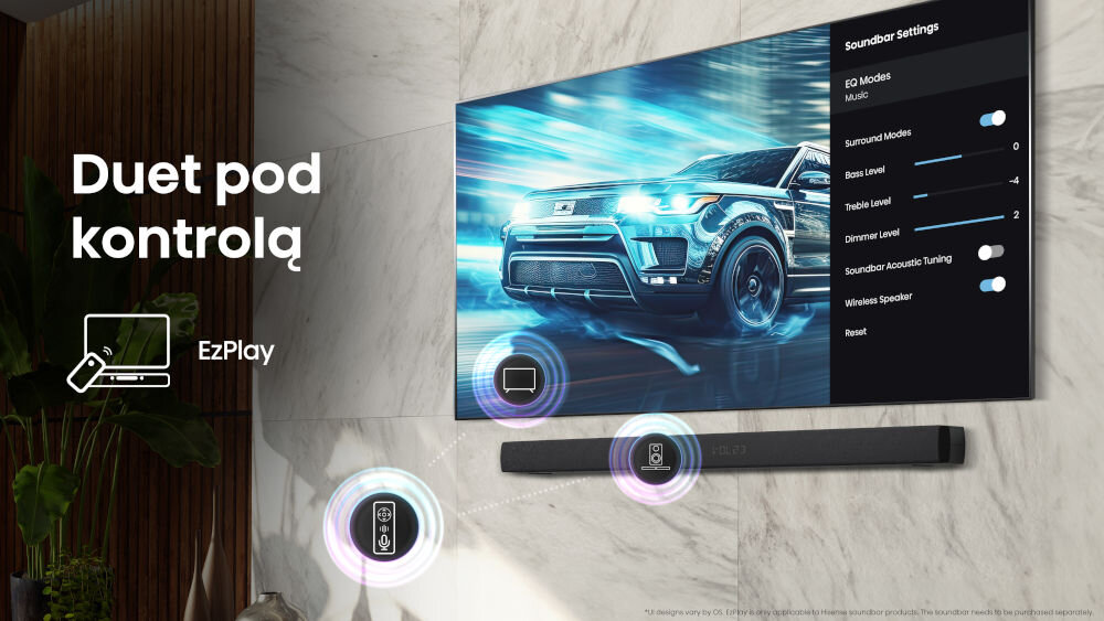 Telewizor HISENSE 55A7Q - Jedno sterowanie dźwiękiem, EZ Play, jeden pilot, telewizor powieszony na ścianie z soundbarem
