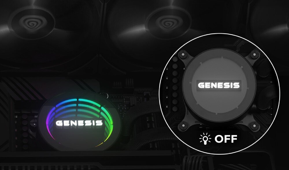Chłodzenie wodne GENESIS Hydria 360 Pompka chłodzenia z podświetleniem RGB po lewej stronie i jej ciemniejsza wersja z wyłączonym podświetleniem w okrągłym zbliżeniu po prawej stronie, pompa, efektywność, działanie