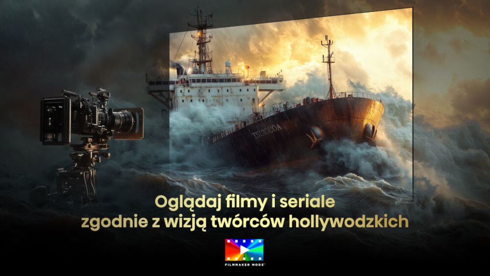 Telewizor HISENSE 65U7Q Pro - Prawdziwe spojrzenie twórcy, Filmmaker Mode, statek  płynący po burzliwym oceanie