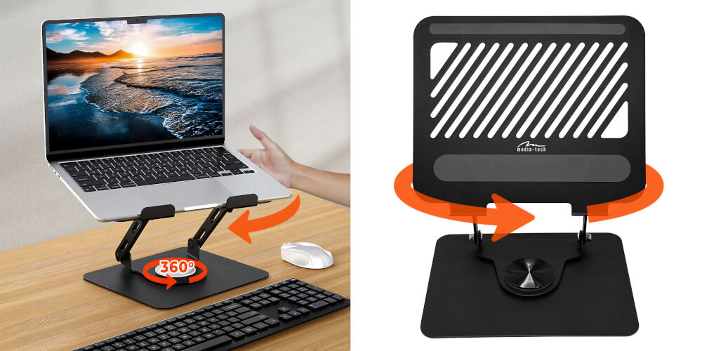 Podstawka pod laptopa MEDIA-TECH Roto MT2662 Obrotowa Czarny prezentacja podstawki w pokoju z laptopem na biurku i na białym tle bez laptopa obrót 360 stabilna konstrukcja wygodne rozwiązanie