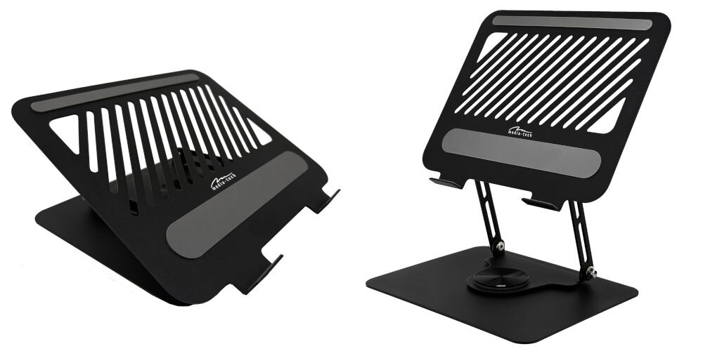 Podstawka pod laptopa MEDIA-TECH Roto MT2662 Obrotowa Czarny prezentacja podstawki w dwóch wariantach wysokości na białym tle stal węglowa aluminium silikonowe podkładki ochrona laptopa antypoślizgowe stopki utrzymują całość mobilność porządek
