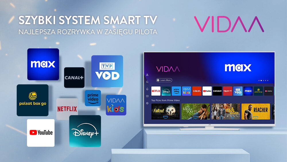 Telewizor JVC LT-32VDF540W - Platforma VIDAA Smart TV, telewizor stojący na meblu z wyświetlonym systemem VIDAA