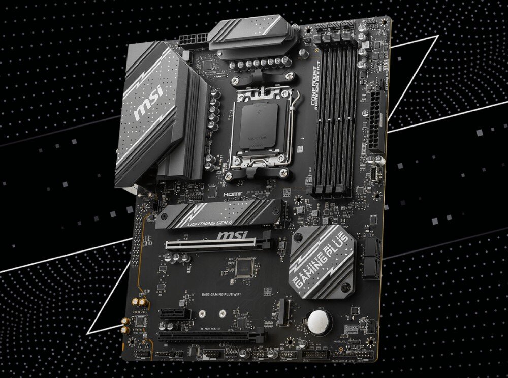 Komputer MAD DOG ENDORFY500ARGB-A31DR32 Płyta główna z czarno-srebrnym designem na tle siatki cyfrowych linii, płyta główna, kompatybilność, podkręcenie, łączność Wi-Fi 6E, Bluetooth