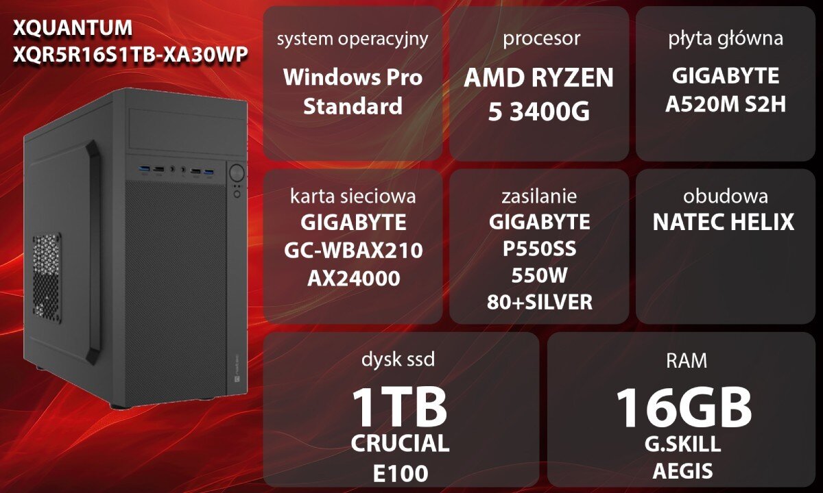 Komputer XQUANTUM XQR5R16S1TB-XA30WP Grafika przedstawiająca specyfikację komputera, z podziałem na podzespoły. W lewej części znajduje się model komputera, a obok niego informacje o podzespołach, opis