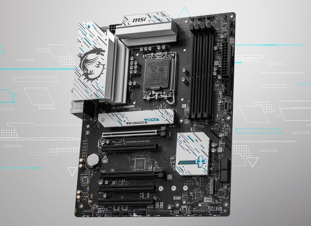 Komputer MAD DOG DIAXID605F-I21WB16WH Płyta główna w formacie ATX z czterema gniazdami na pamięć RAM, gniazdem procesora Intel LGA1700, licznymi złączami PCIe oraz aluminiowymi radiatorami z dekoracyjnymi wzorami i logo smoka, płyta główna, kompatybilność, interfejs, łączność