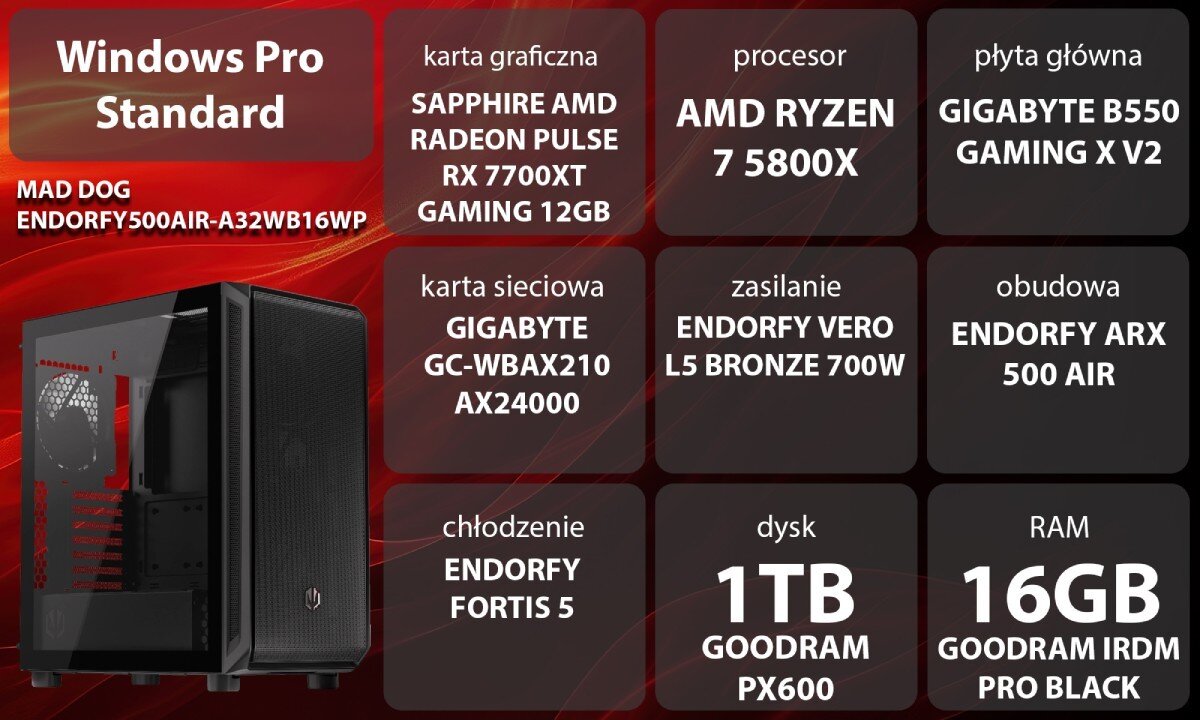 Komputer MAD DOG ENDORFY500AIR-A32WB16WP Grafika przedstawiająca specyfikację komputera, z podziałem na podzespoły. W lewej części znajduje się model komputera, a obok niego informacje o podzespołach, opis